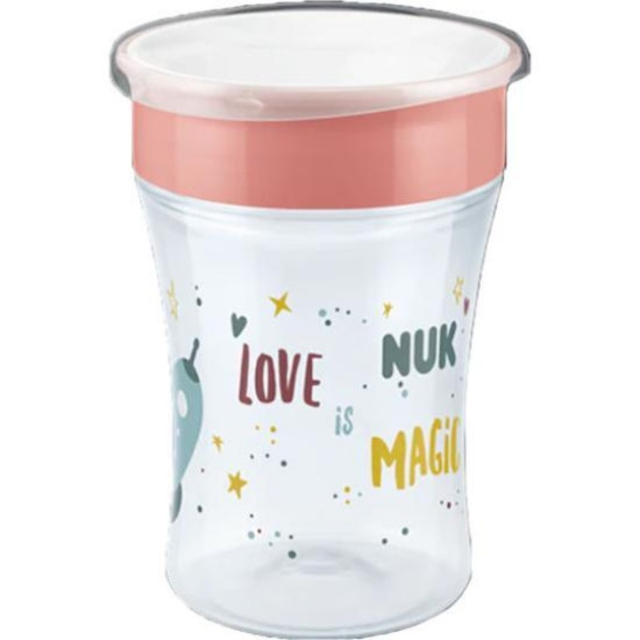 Pahar Magic NUK cu capac, disc de siguranta 230ml, portocalie, pentru copii de la 8 luni