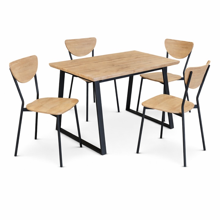Комплект маса с 4 стола Kiwari Oka, MDF и метал, естествен дъб и черен, 110x70x75см, стол 44x45x82см