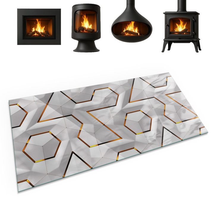 Placa din sticla securizata, Coloray, Model De Forme Tridimensionale, 100x50 cm, Alb, Protectie podea semineu, Accesoriu modern, 010010780170000056595