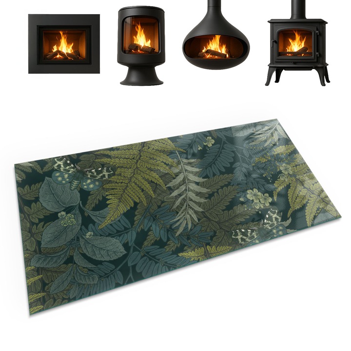 Placa de sticla pentru semineu, Coloray, Modele De Plante Cu Fluturi, 120x60 cm, Verde, Termorezistenta, Sticla securizata (Grosime 4mm), 010010780180000282769