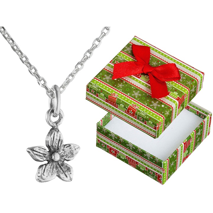 Colier din argint 925, model floare, lungime 60cm, argint oxidat, set cu cutie cadou