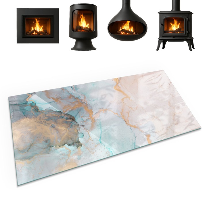 Suport de sticla sub semineu, Coloray, Motiv Abstract Fluid, 100x50 cm, Turcoaz, Decorativ, Modern, 010010780170000088551