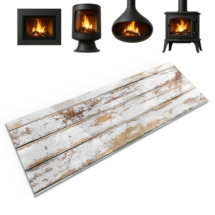 Placa din sticla securizata, Coloray, Placa De Lemn Ruginita, 125x50 cm, Alb, Protectie podea semineu, Accesoriu modern, 010010780190000057328