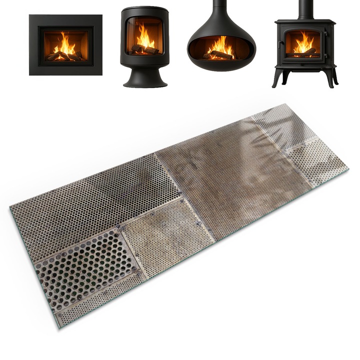 Placa de sticla pentru semineu, Coloray, Motiv Din Otel Perforat, 125x50 cm, Bej, Termorezistenta, Sticla securizata (Grosime 4mm), 010010780190000019144