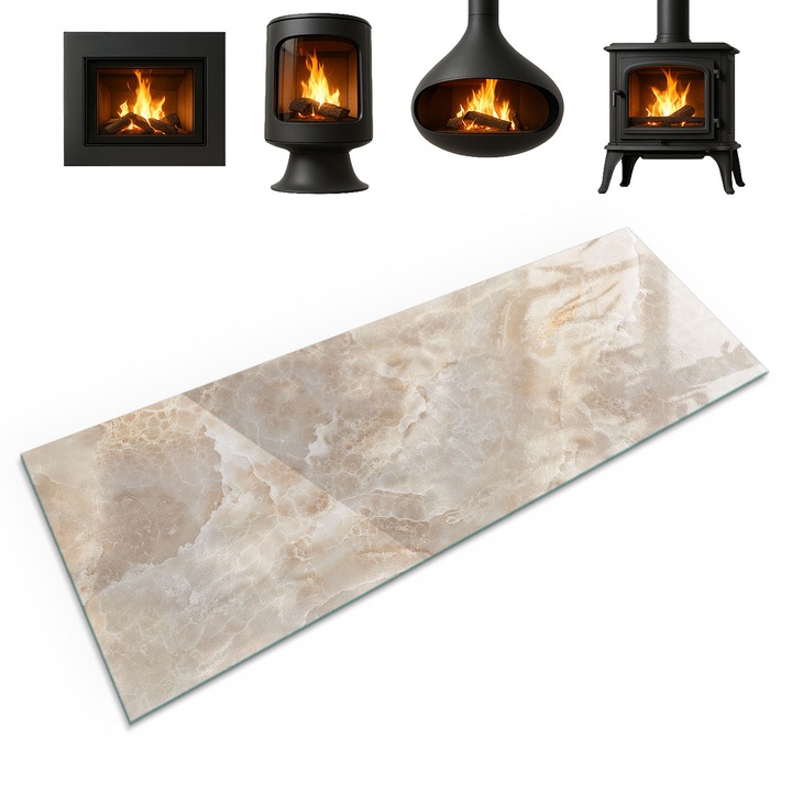 Protectie din sticla pentru semineu, Coloray, Model De Piatra Inspirat Din Natura, 125x50 cm, Bej, Rezistenta la temperaturi ridicate, Margini slefuite, 010010780190000019900