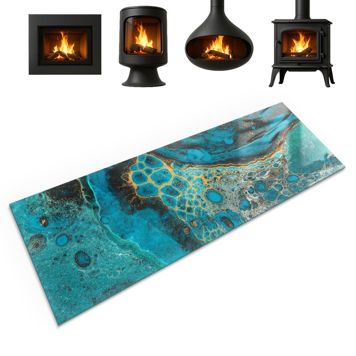 Placa din sticla securizata, Coloray, Model Organic Intr-Un Stil Abstract, 125x50 cm, Turcoaz, Protectie podea semineu, Accesoriu modern, 010010780190000017120