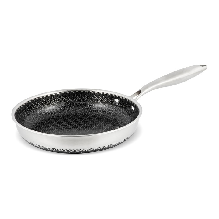 Tigaie profesionala universala din inox cu acoperire ceramica si gravura tip fagure Zass Gourmet ZG-SSFP 01-24, ultra antiaderenta, design modern, protectie la zgarieturi, dimensiune 24x5 cm, Gri