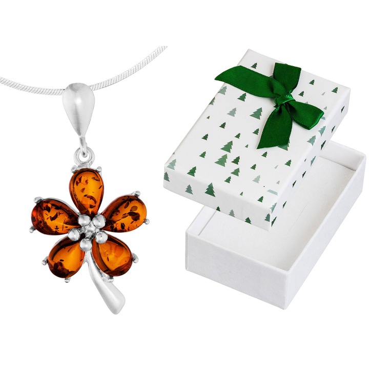 Colier Siju din argint 925 cu flori si 5 chihlimbare, 45 cm, set cu cutie cadou