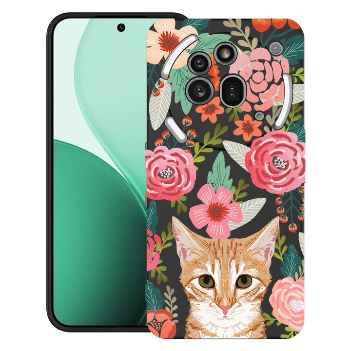 BestCase® Ултра тънък TPU калъф, съвместим с Nothing Phone (3a) Pro, с дизайн „Котка и цветя“, 3119624 B 638