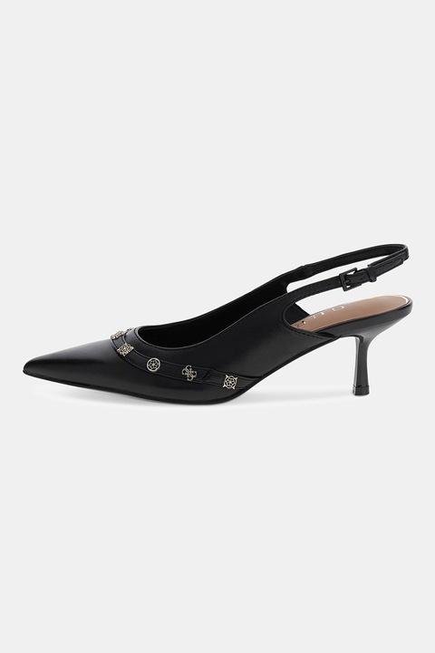 GUESS, Pantofi slingback din piele cu varf ascutit si garnituri din piele ecologica, Negru