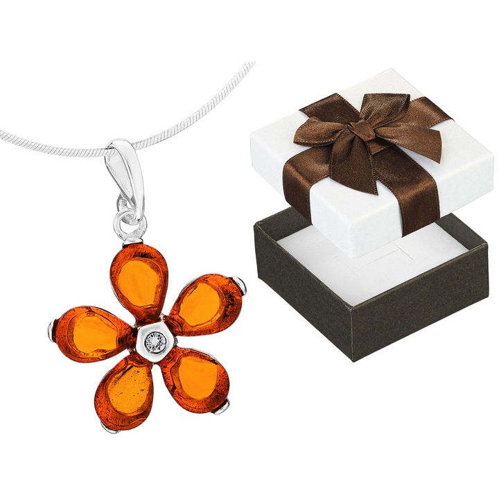 Colier argint/chihlimbar Siju, cu pandantiv in forma de floare, in cutie de cadou, 70cm