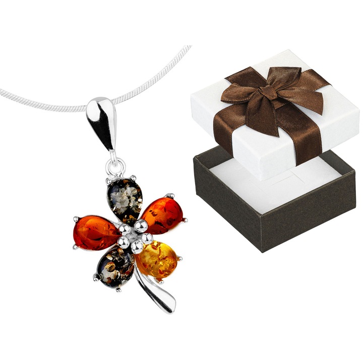 Colier argint/chihlimbar Siju, cu pandantiv in forma de floare, in cutie de cadou, 65cm