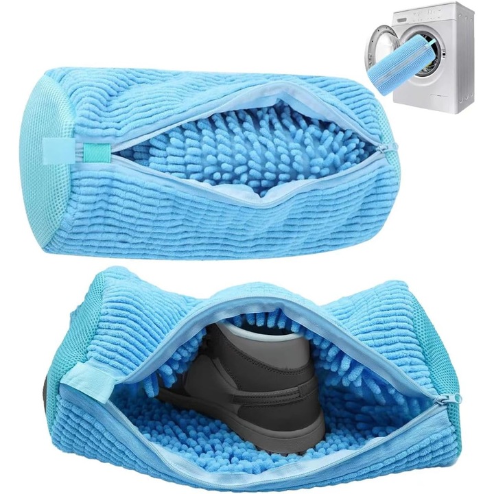 Sac pentru spalat incaltaminte 39x19cm albastru, material durabil, fermoar rezistent