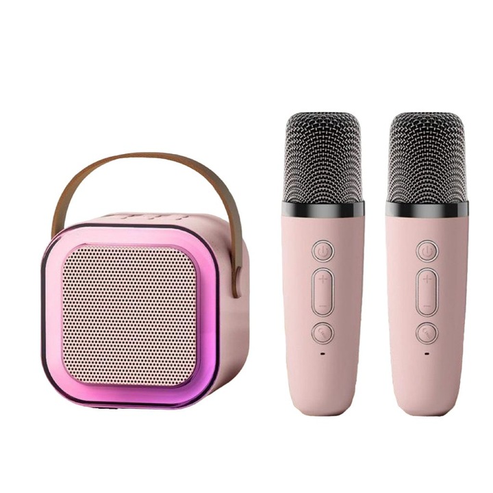Masina de karaoke pentru copii, microfoane wireless, lumini LED, roz, set cu 2 microfoane