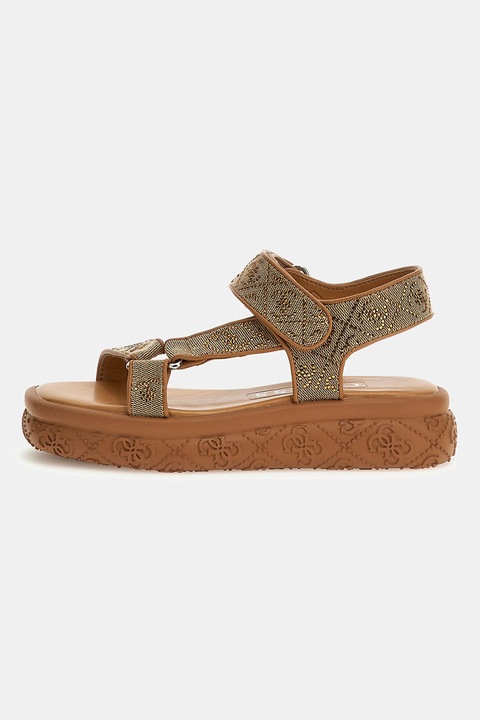 GUESS, Sandale cu strasuri, inchidere velcro si model monograma, Maro/Bej