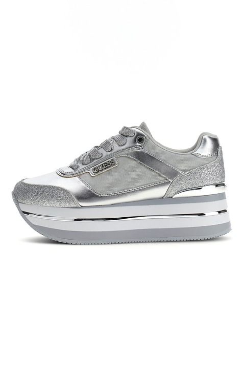 GUESS, Pantofi sport cu platforma stralucitoare si segmente din piele ecologica, Argintiu