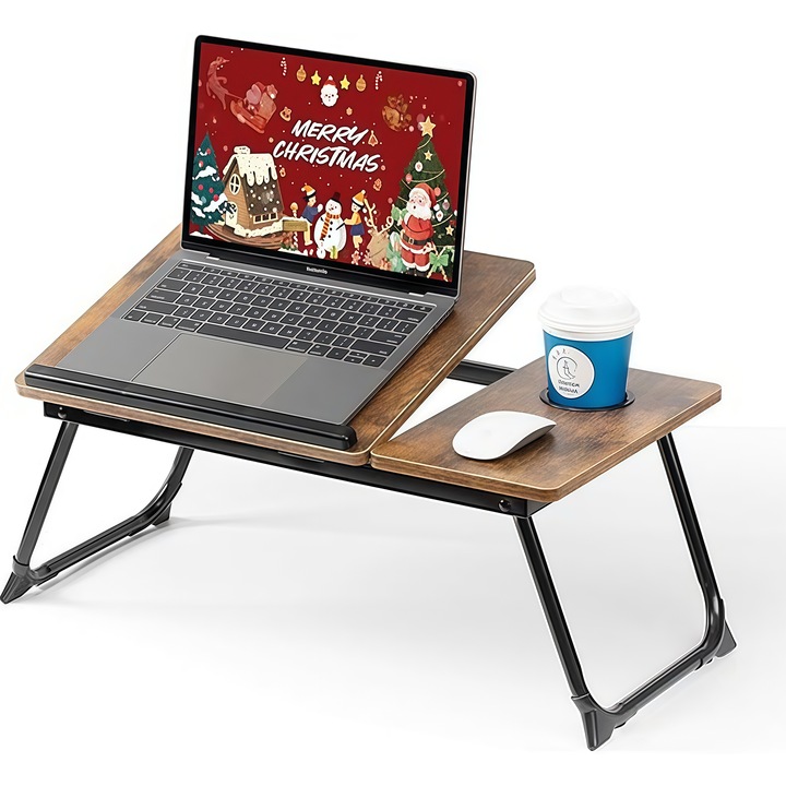 Masa pliabila pentru laptop, Wacorresi®, suport laptop, cu suport pentru pahar, reglabila pe inaltime 5 pozitii, suport stabil, colturi intarite, capacitate de incarcare de pana la 45 kg, 55x32x25, Lemn care arde carbune, Maro