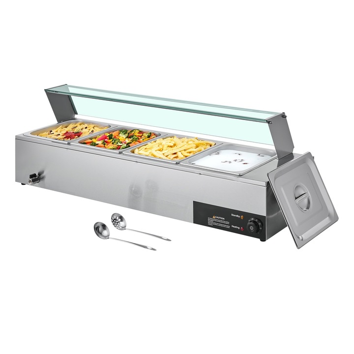 Нагревател за храна, Бен Мари, 1500 W, 4 тави 1/2, стъкло, неръждаема стомана, 118,5x36,5x38,5 см