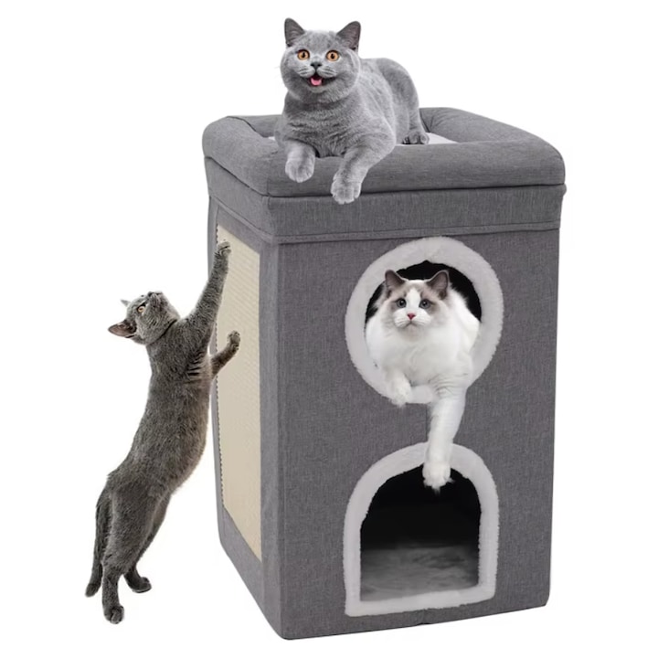 Игрален комплект, тип кула, платформа за наблюдение, 3 нива, 2 къща, стълбове за драскане, изключително мека подплата, стабилна конструкция, 66 см, светлосив