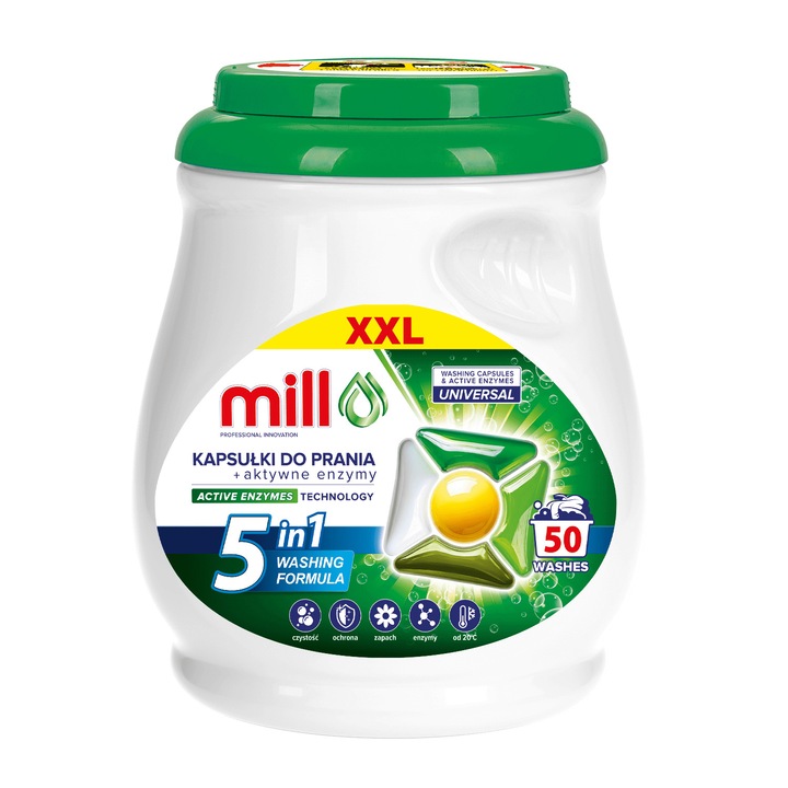 MILL Universal Booster 5 az 1-ben mosókapszula, 50 darab, fehér és színes szövetekhez, nagy hatékonyság, friss illat
