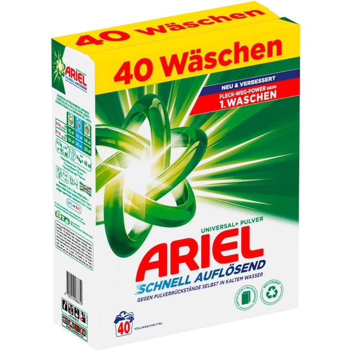 Ariel Universal+ mosószer, 40 mosás, 2,4 kg, fehér, hatékony 20-95°C között