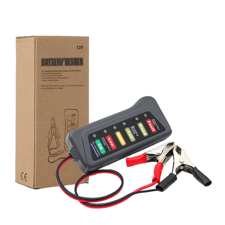 12V-os autóakkumulátor teszter, 6 LED-es, fekete