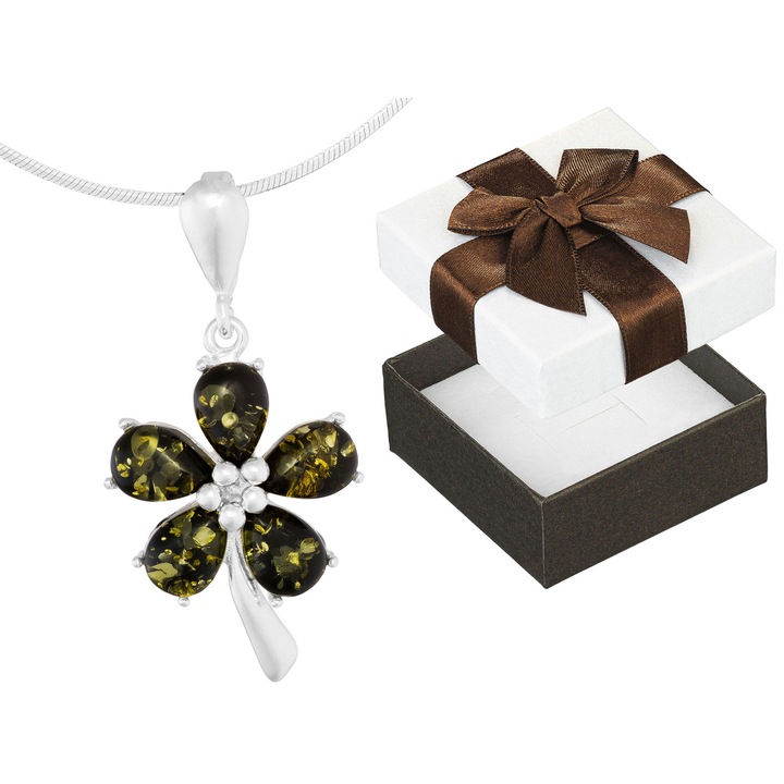 Colier Siju din argint 925 cu flori si 5 chihlimbare verzi, 38 cm, set cu cutie cadou