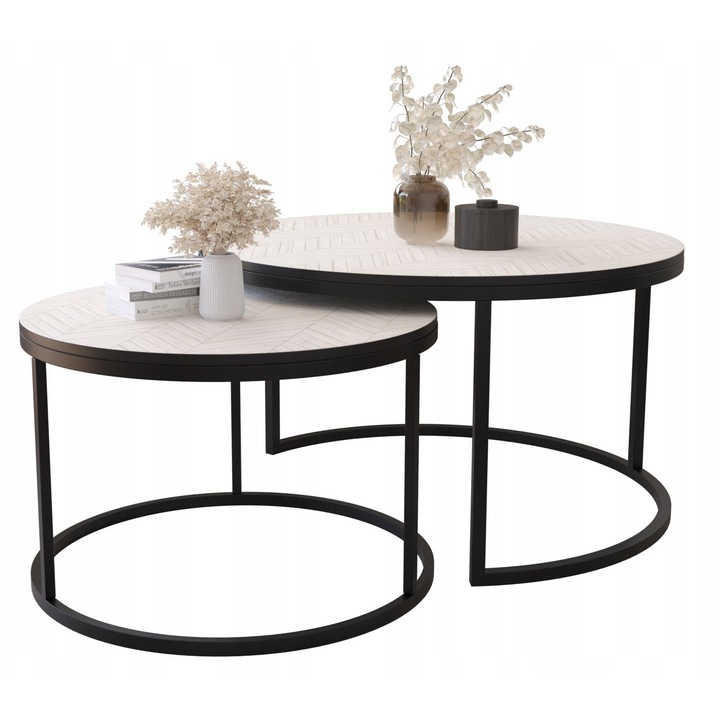 Set 2 Masute de Cafea Rotunde LOFT INDUSTRIAL Alb Negru Model Heringbone