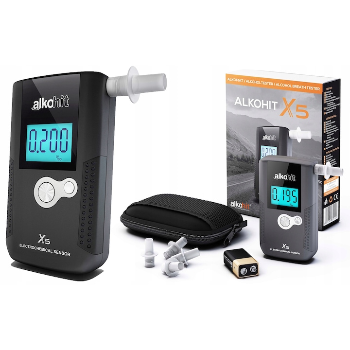 Електрохимичен алкохолен тестер Alkohit X5, черен, 120x65x27мм, комплект с 5 приспособления