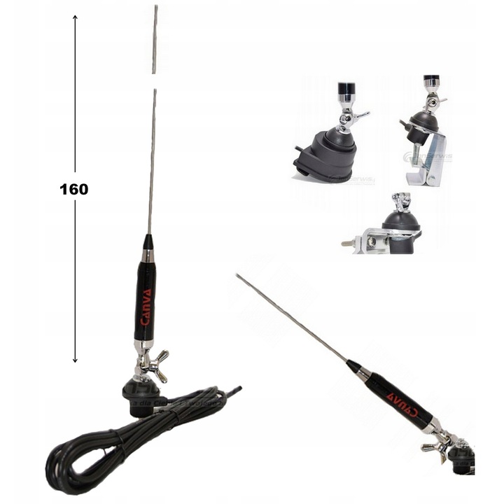 Antena CB Canva 150, 160cm, 180° reglabila, set cu cablu si suport la alegere