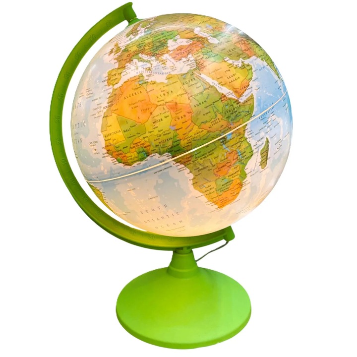 Glob Pământesc Iluminat Gürbüz Yayınları, 30cm, Fizic și Politic, Cartografie Engleză