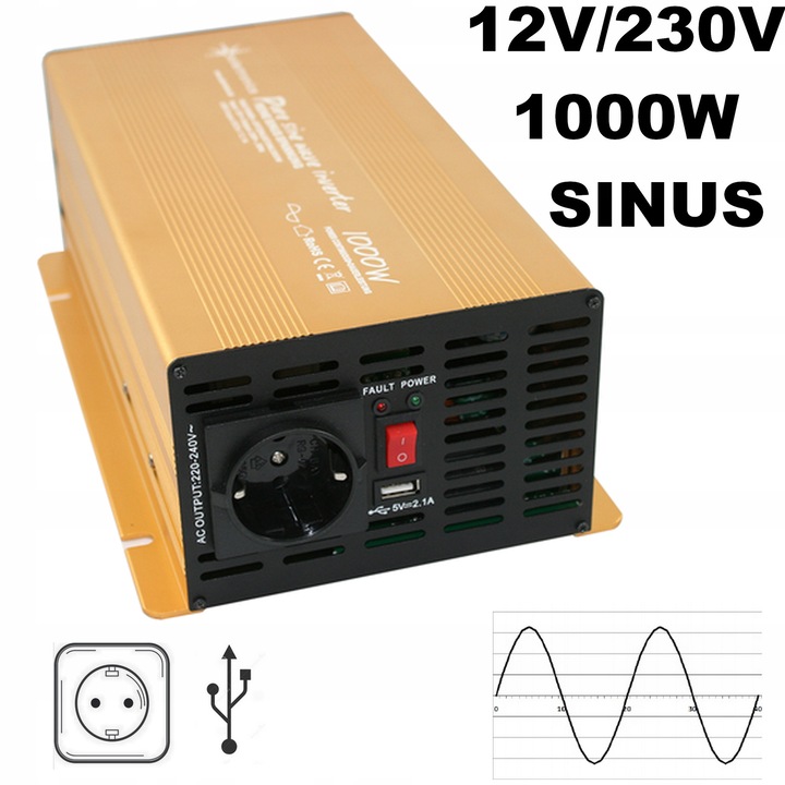 Inverter auto 12V/230V 1000W/2000W sinus, dimensiuni 310x170x95mm, alimentare USB
