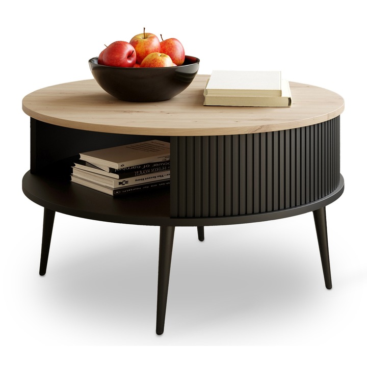 Кръгла маса VERLO, APM, 76см, дърво Дъб Артисан, черна, с рафт за книги