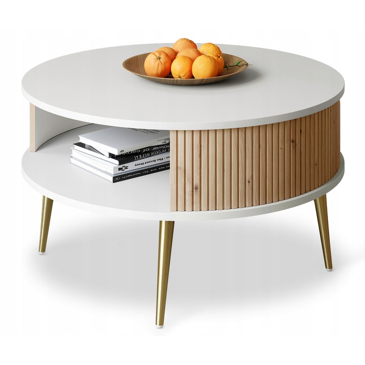 Mese set, Stolik Kawowy Okragly, APM, 76cm, Alb, Detalii Aurii