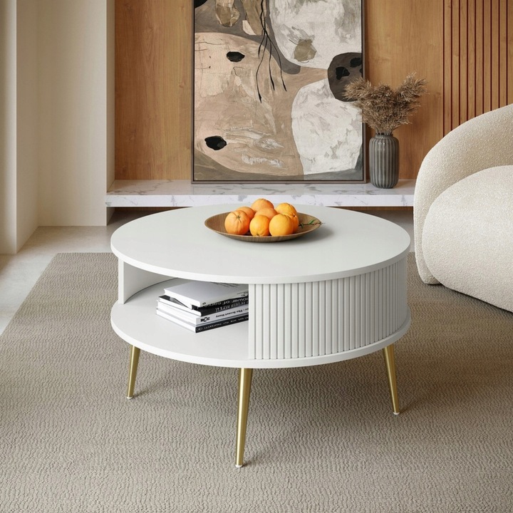 Mese Masuta de cafea VERLO GOLD, Alb cu Detalii Aurii, 76cm, 44cm