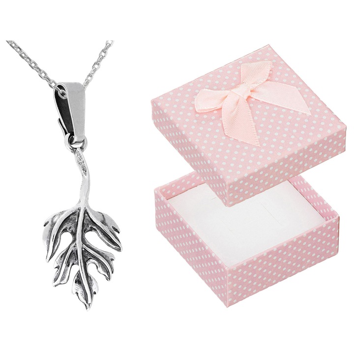 Colier scurt din argint oxidat cu frunza, Siju, 65cm, 925, set cu cutie cadou
