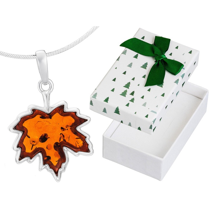 Colier din argint cu frunza de artar si chihlimbar, Siju, 45 cm, hipoalergenic, set cu cutie de cadou