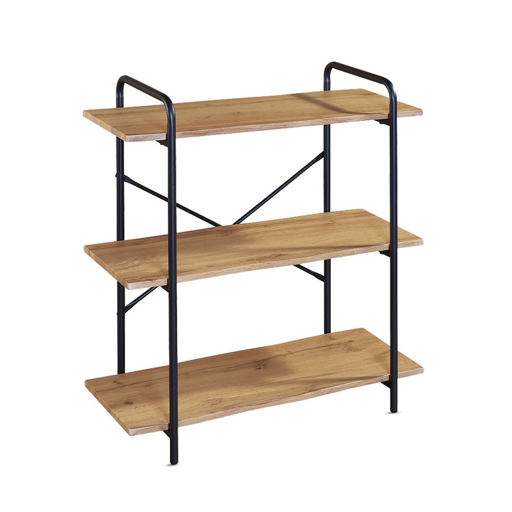 Raft Kiwari Triv, 3 polcos, MDF, fém, ipari dizájn, fekete tölgy, 80x34x80 cm