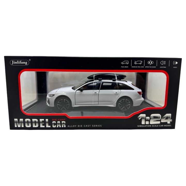 Audi RS6 Avant Quattro fehér modellautó 1/24 hangokkal, fényekkel, nyitható ajtókkal és motorháztetőkkel