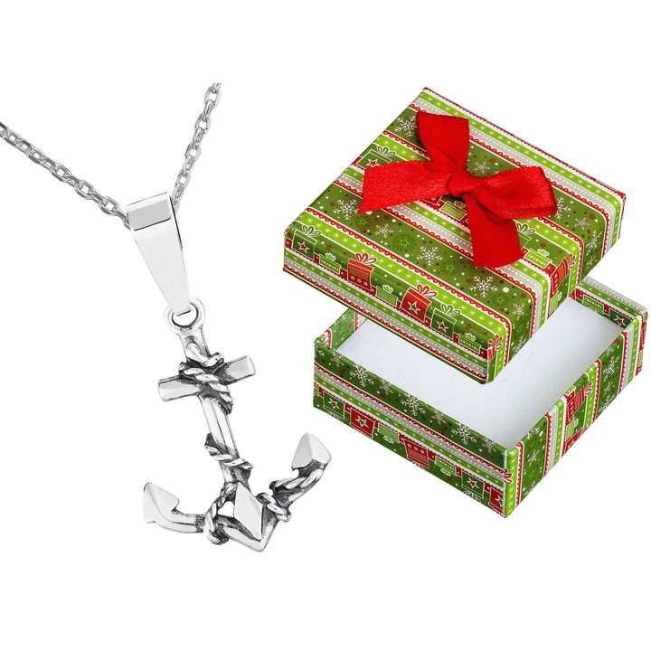 Colier lung din argint oxigenat cu forma de ancora, Siju, 80cm, 925, set cu cutie cadou