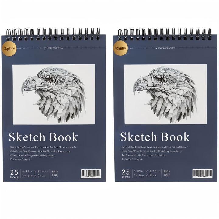 2 sets，Caiet pentru schite si desen Omelivon® Professional, A5, cu spira, 25 coli, 120 gsm, hartie alba