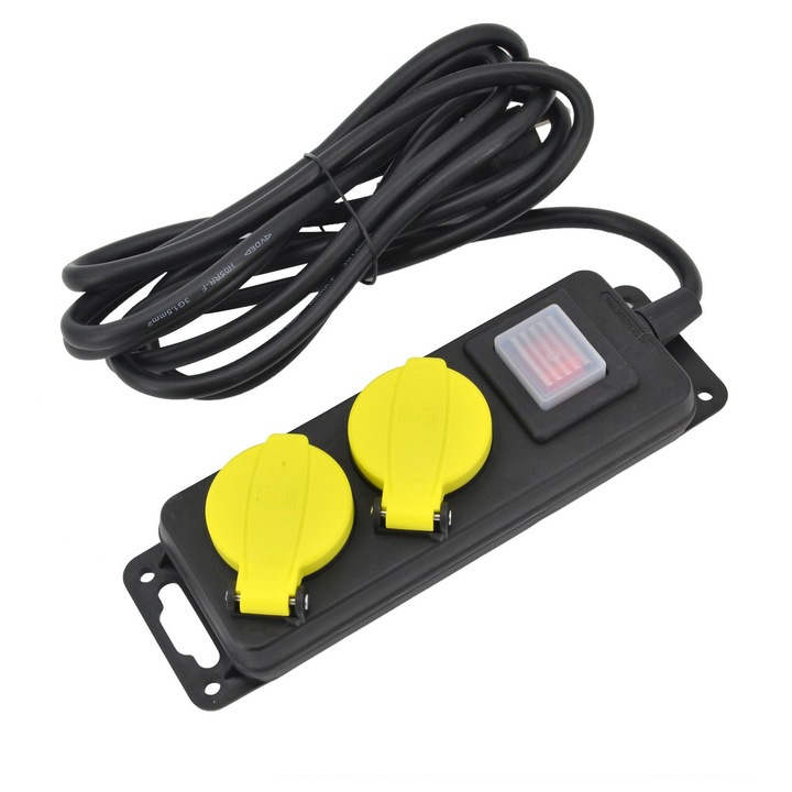 Удължител за работилница, 2 гнезда, 5м, с превключвател, IP44, черен