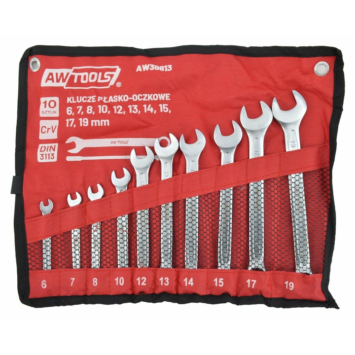 Nyitott és zárt végű kulcskészlet, Awtools, 10 darab, 6x19mm, króm-vanádium