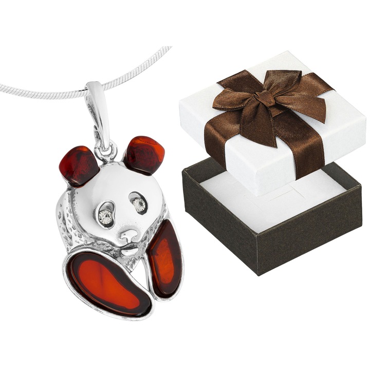 Colier argintiu cu panda, Siju, cu cristale Swarovski si chihlimbar, 32cm, set cu cutie cadou
