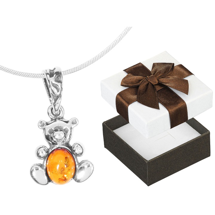 Colier lung din argint cu ursulet si chihlimbar, Siju, 60cm, argint