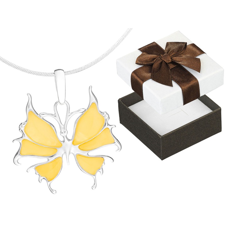Colier din argint cu model fluture, chihlimbar galben, Siju, 38cm, set cu cutie cadou