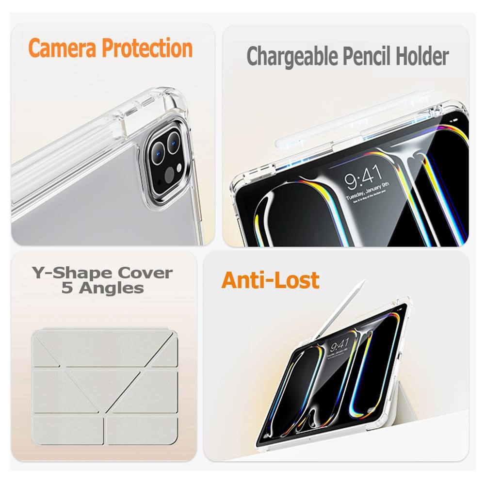 Husa pentru Apple iPad Pro 11 M5 / M4 (2025, 2024) cu suport pentru creion, suport triplu cu unghiuri multiple, activare/dezactivare automata, carcasa protectoare transparenta din acril- gri
