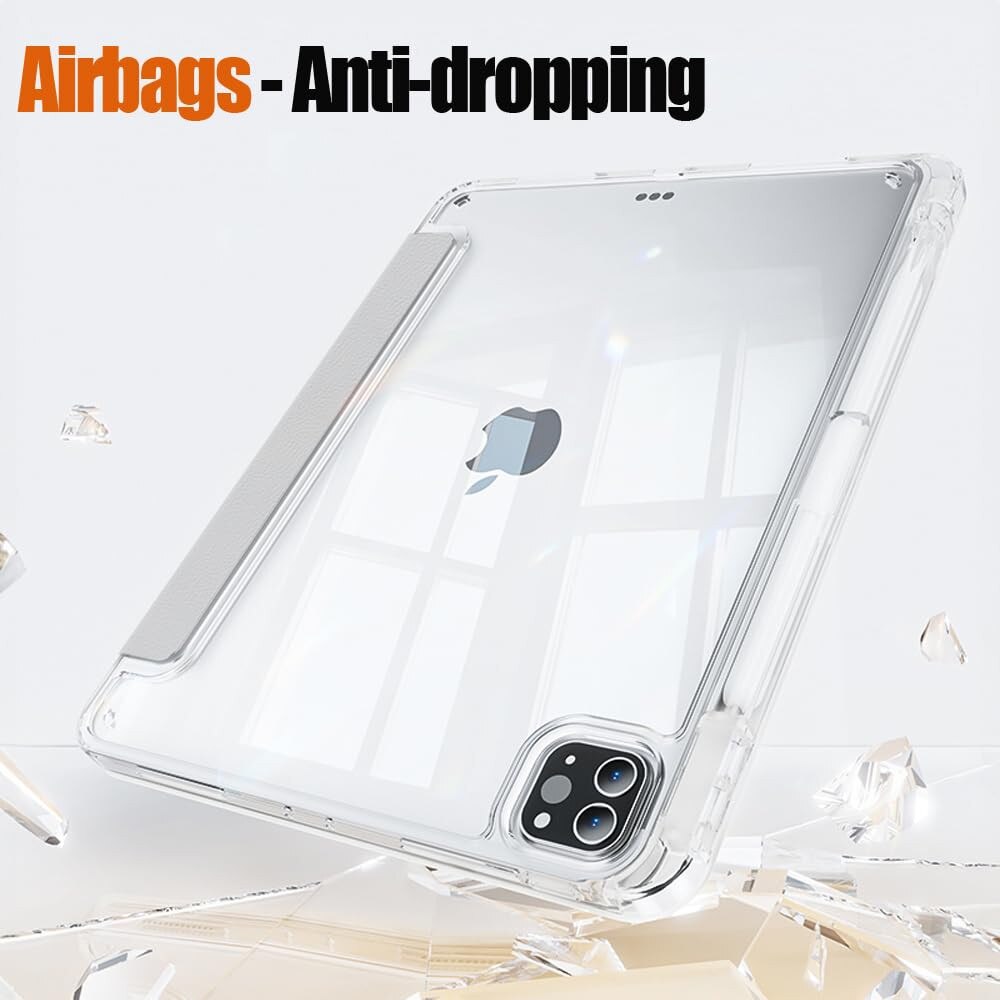 Husa pentru Apple iPad Pro 11 M5 / M4 (2025, 2024) cu suport pentru creion, suport triplu cu unghiuri multiple, activare/dezactivare automata, carcasa protectoare transparenta din acril- gri
