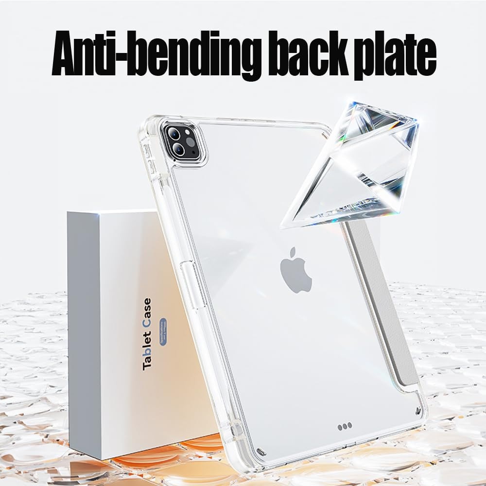Husa pentru Apple iPad Pro 11 M5 / M4 (2025, 2024) cu suport pentru creion, suport triplu cu unghiuri multiple, activare/dezactivare automata, carcasa protectoare transparenta din acril- gri