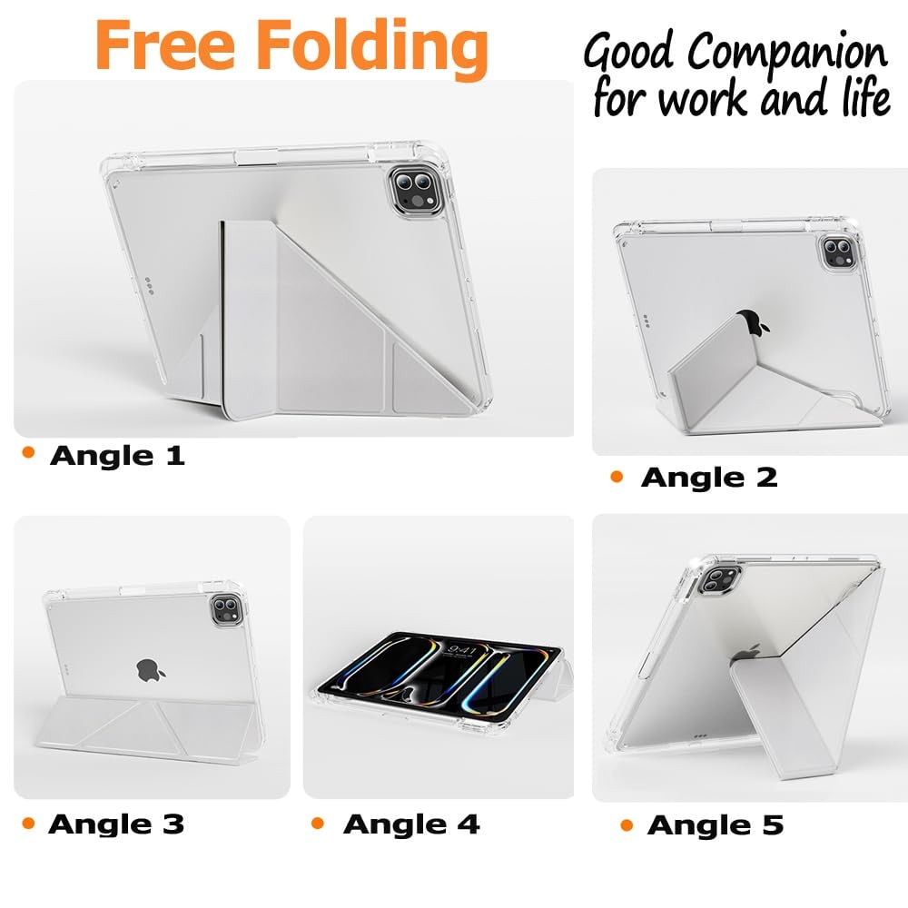 Husa pentru Apple iPad Pro 11 M5 / M4 (2025, 2024) cu suport pentru creion, suport triplu cu unghiuri multiple, activare/dezactivare automata, carcasa protectoare transparenta din acril- gri